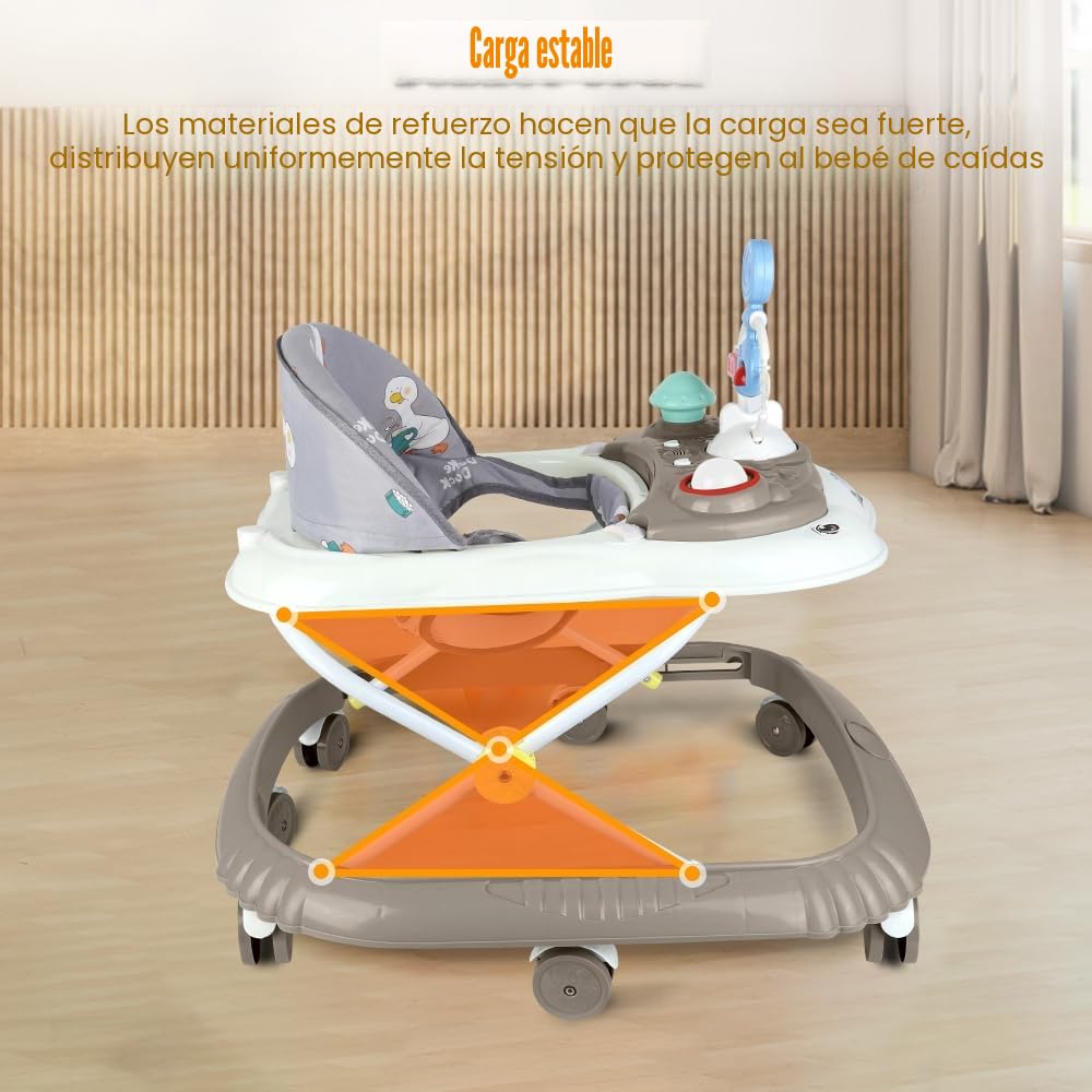 Andador 4 en 1, Andador plegable para bebé con bandeja de juegos interactiva con sonidos, base antivuelco, andador de ruedas de silicona y 4 posiciones de altura, de 6 a 18 meses (Kaki-67 x 72 x 92 cm
