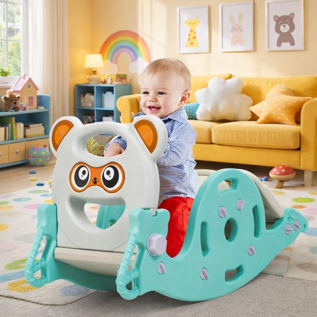 4-in-1 Kid's Slide Rocking Horse, Portable Combination Slide for Children with Basketball Hoop, Convertible Freestanding Slide for Boys and Girls Age 1-6, Weight Capacity 40kg