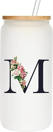 Vasos de vidrio personalizados con tapas y pajitas, regalos con monograma para mujeres, vaso personalizado, bonita taza personalizada, cosas