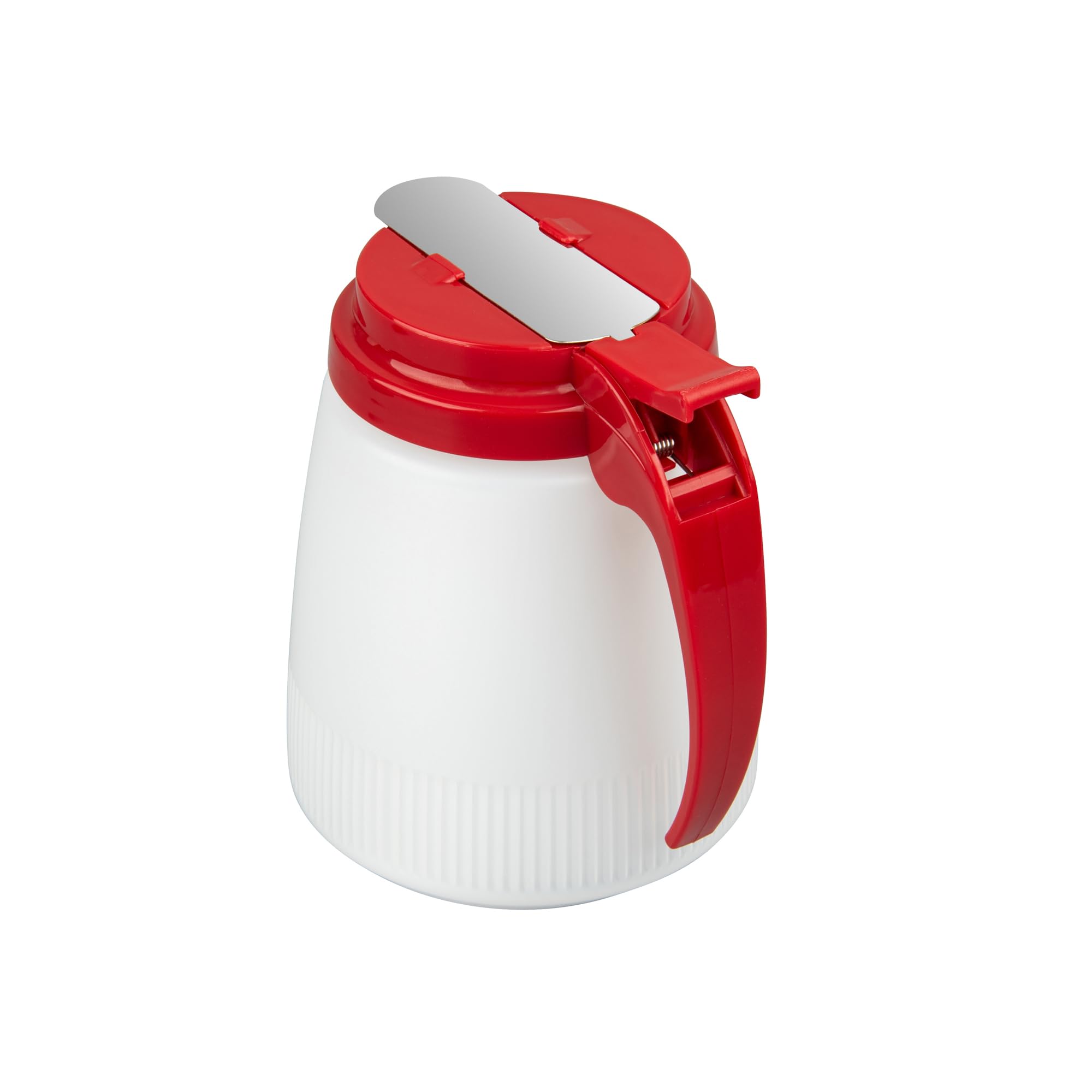 Restaurantware RW Base - Dispensador de jarabe multiusos de 32 onzas, 1 dispensador de miel, parte superior roja, cubierta deslizante de acero inoxidable, dispensador de jarabe de panqueques de