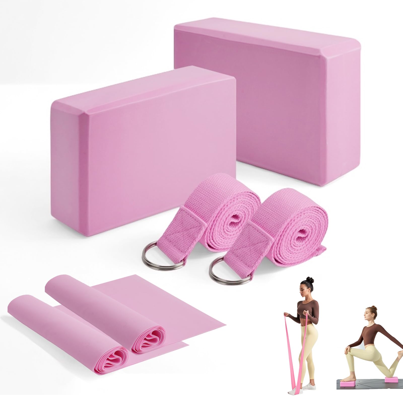 MAOMUN 6 Mattoncini Yoga Blocchi Yoga con Elastici Palestra e Cinghia, Antiscivolo Blocks, Leggero Mattoncini Mattoncino Pilates Essential Kit per Equilibrio Stretching Pilates