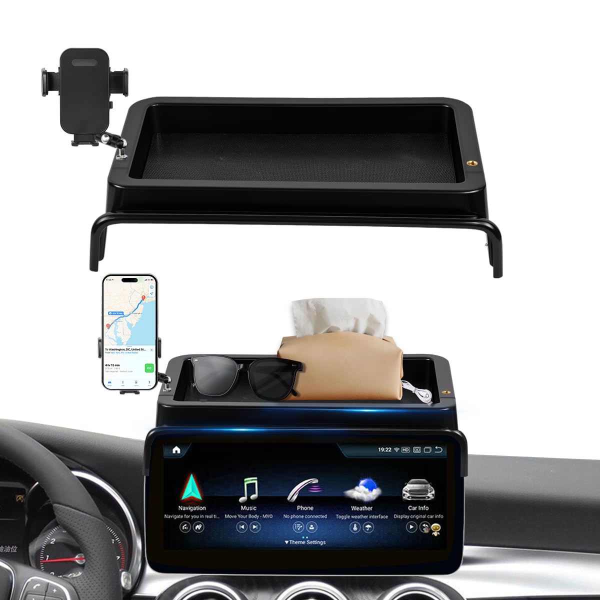 Car Phone Holder Compatible with Mercedes-Benz C-Class 2019-2021 /GLC-Class 2020-2022 Accessories 10.25-Inch Screen Fixed Clip, Cell Phone Mount with Dash Organizer Tray Hands-Free 360° Rotation
