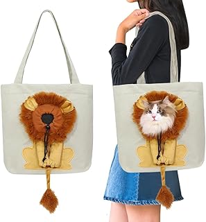 Pet Shoulder Bag Cat Portable Bag Cat Carrier Canvas Tote Bag Carrying Bag Exposed Head Out Cute Lion Handbag for Walking Shopping Travel Camping (Light Gray)