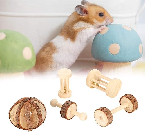 Miniatura 7 de ViaGasaFamido Juguete masticable para hámster, 5 piezasset de pequeñas mascotas de madera natural de seguridad jugando juguete de masticar hámster