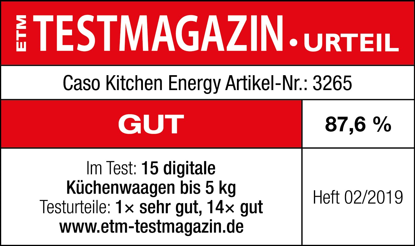 CASO Kitchen Energy Design - Bilancia da cucina digitale, utilizzo senza batteria grazie all'energia cinetica, ecologica e sostenibile, fino a 5 kg in gradini da 1 g, in acciaio inox