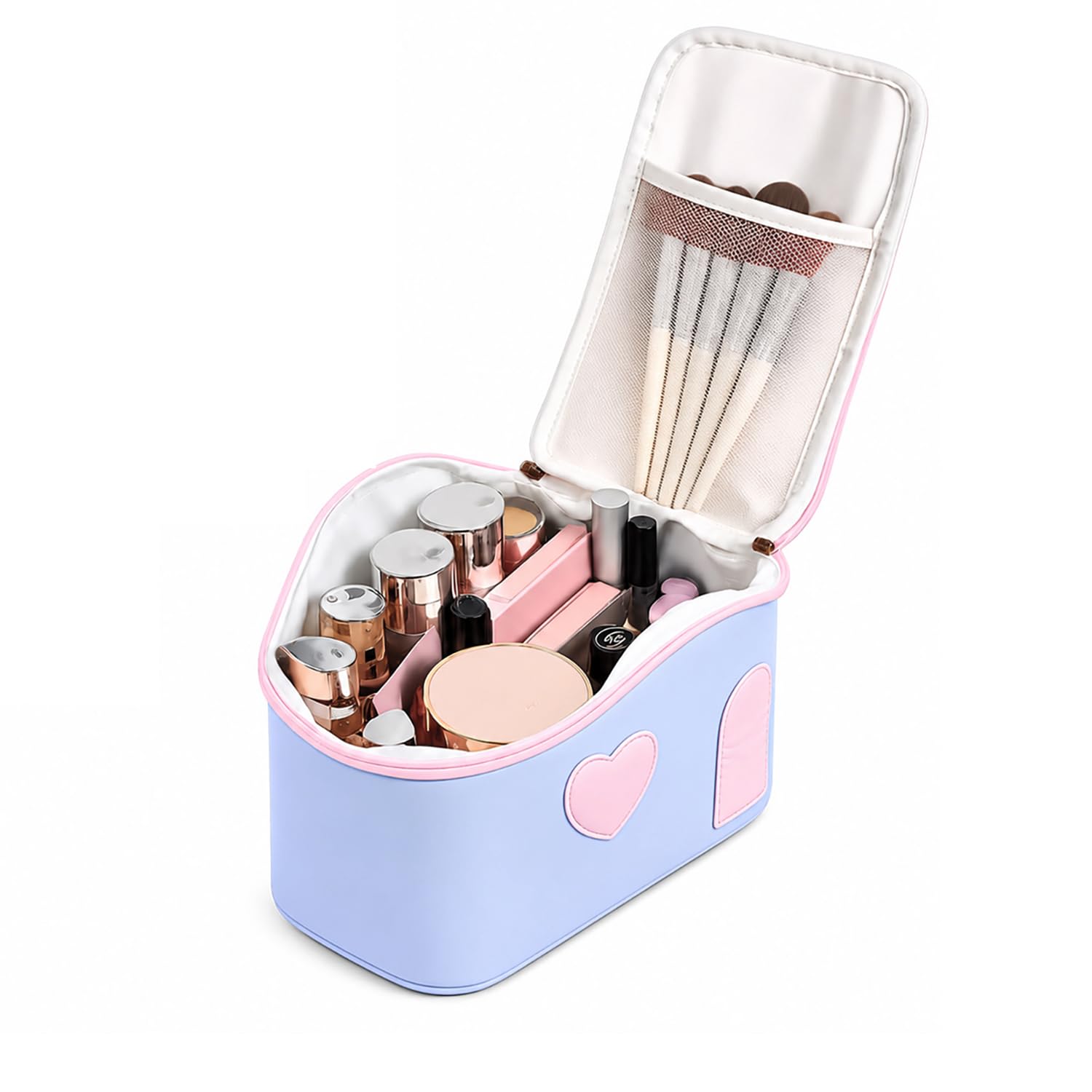 Large Capacity Makeup Bag for Women, Portable Cosmetic Organizer, Water-Resistant Travel Toiletry Bag with Handle, Cute Heart Design, Zipper Vanity Storage Case (Blue/Pink)-image-26