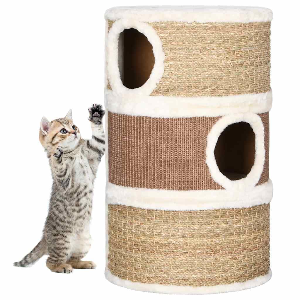 Kratztonne für Katzen, 60 cm, Fass mit Decke Seegras und 3 Öffnungen, geräumiger Platz für große Rassen, Versteck und Kratzbrett aus weichem Plüsch