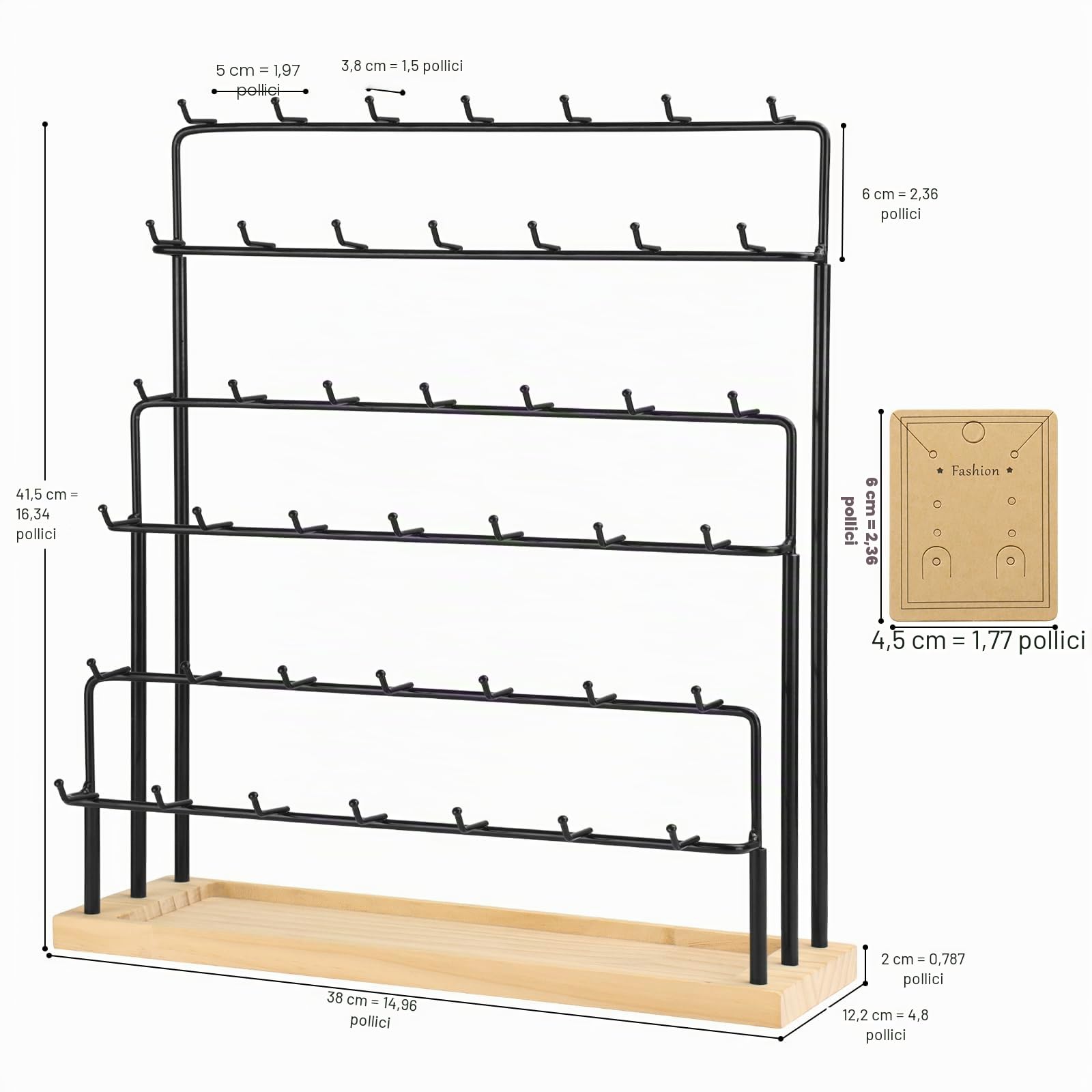 Espositore per Orecchini per Venditori 6 Livelli 42 Ganci in Legno Espositore per Orecchini Collane Anelli Bracciali Portachiavi (Nero)