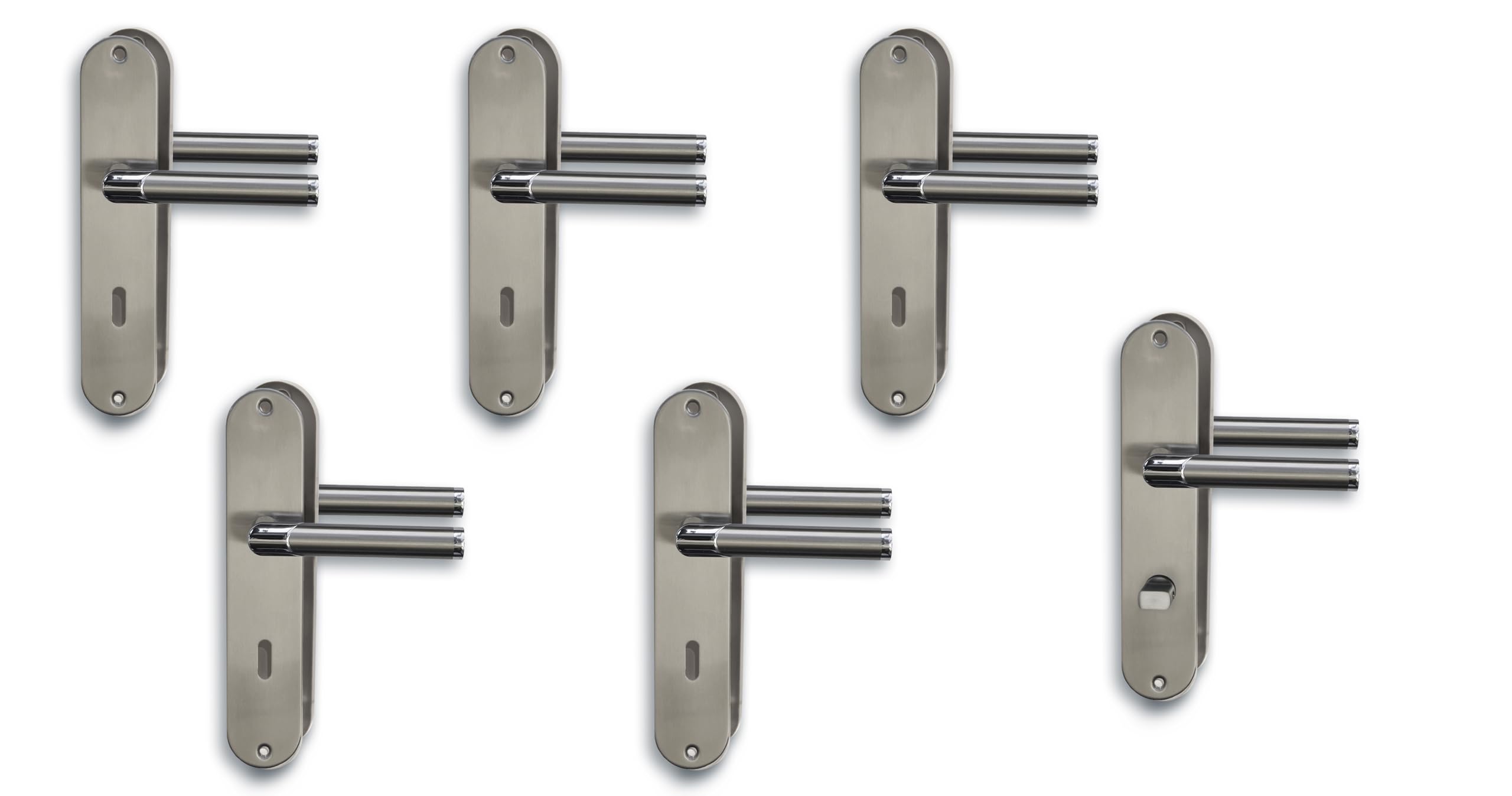 Juego de 6 herrajes para puerta, de acero inoxidable pulido/satinado lacado brillante, para 5 puertas de habitaciones con perforaciones de colores y 1 puerta de baño y tirador de puerta
