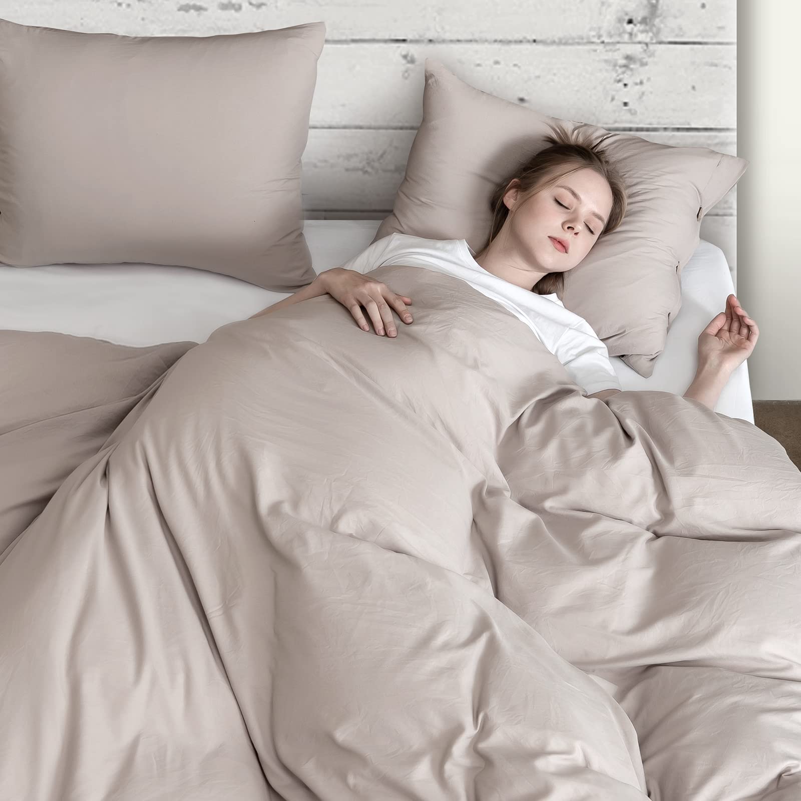 Argstar 3 Pieces King Button Duvet Cover Set, Khaki Duvet Cover with Button Closure, Washed Microfiber Soft & Easy Care Bedding Comforter Cover with Ties (1 Tan Duvet Cover, 2 Pillowcases)