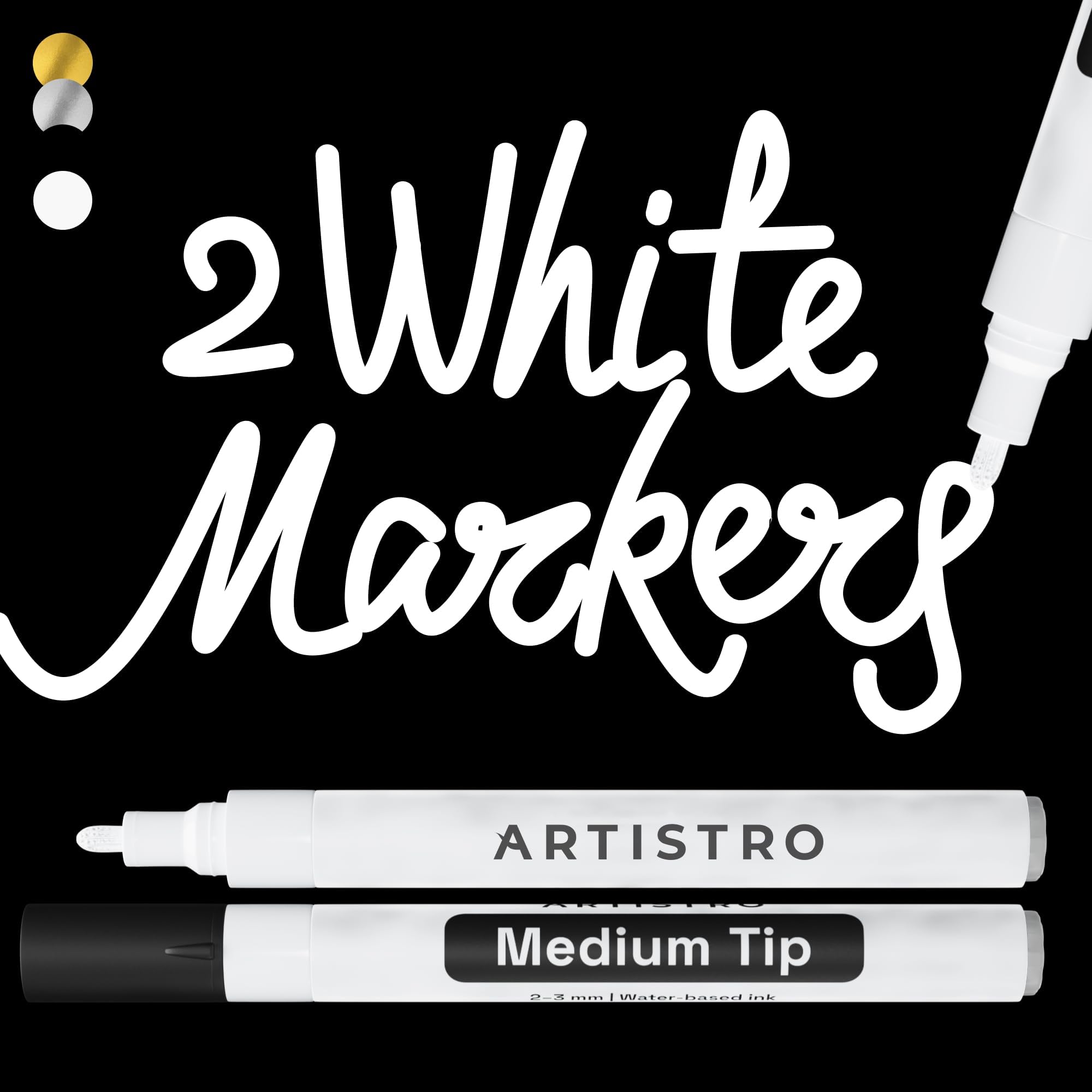 ARTISTRO 2 White Acrylic Paint Markers - 3mm Medium-Tip Paint Pens - Perfect for Crafting, Art Projects, & More