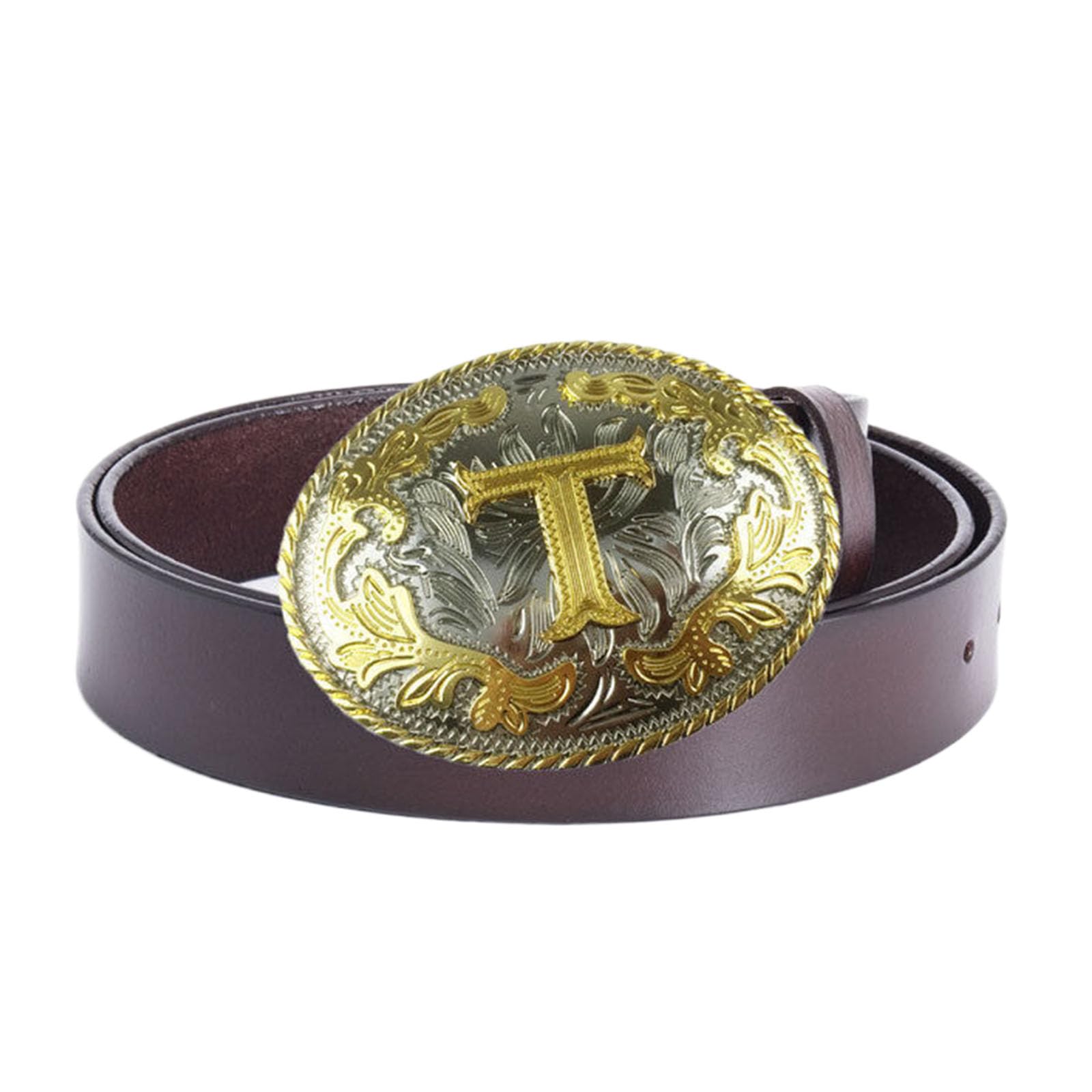BDAYEK Men's Belt Men'S Belt Western Cowboy Genuine Leather With Alphabetical Buckle Brown(T Brown,110Cm/43.3'')
