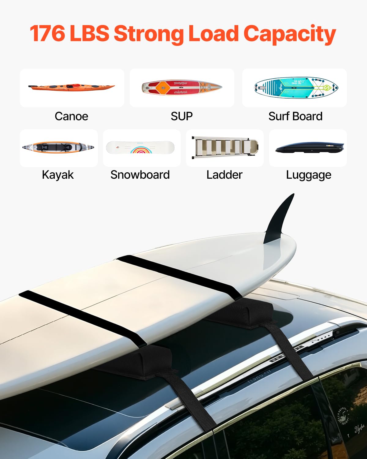 VEVOR Coussinets de Toit Universels, Coussinets pour Porte-Bagages et Porte-Kayak de Voiture, Capacité de Charge de 80 kg, avec Sac de Rangement Portable, pour Canoë Planche de Surf Sup, Voyage