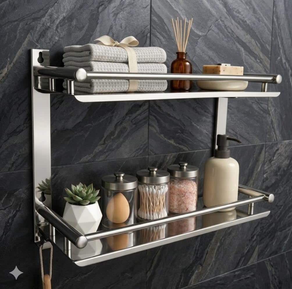 Stainless Steel 2 in 1 Multipurpose Bathroom Rack | Wall Mounted Shelf, Soap Dish, Tumbler Holder and Toothbrush Organizer | Rustproof Bathroom Accessories Stand | Silver, Durable and Stylish-picture-43