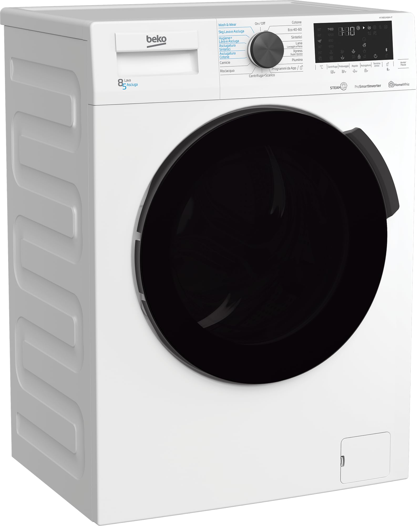 Beko - HTX851436A-IT - Lavasciuga Standard, 8/5Kg, 1400giri, Classe di lavaggio C, Vapore SteamCure, Bluetooth, Dimensioni HxLxP:84x60x59cm. Profondità solo mobile: 54cm