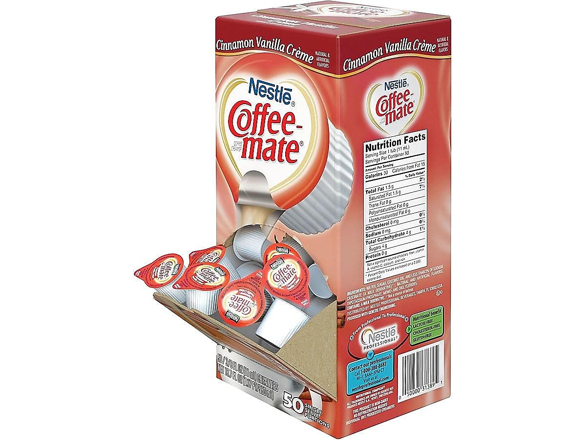 Liquid Coffee Creamer, Cinnamon Vanilla, 0.375 oz Mini Cups, 50/Bx