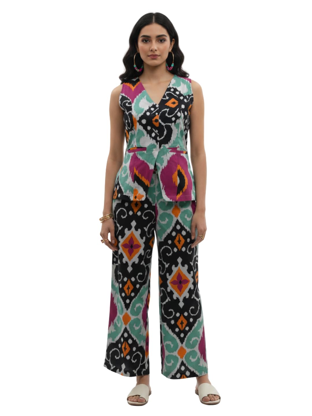 dora dori Women's 100% Pure Cotton Multicolor Ikkat Printed Vest Co-ord Set with Pocket | Round Neck Sleeveless Top with Straight Trousers | Vibrant Co-ord for Daily, Casual, Vacation & Office Wear-picture-53