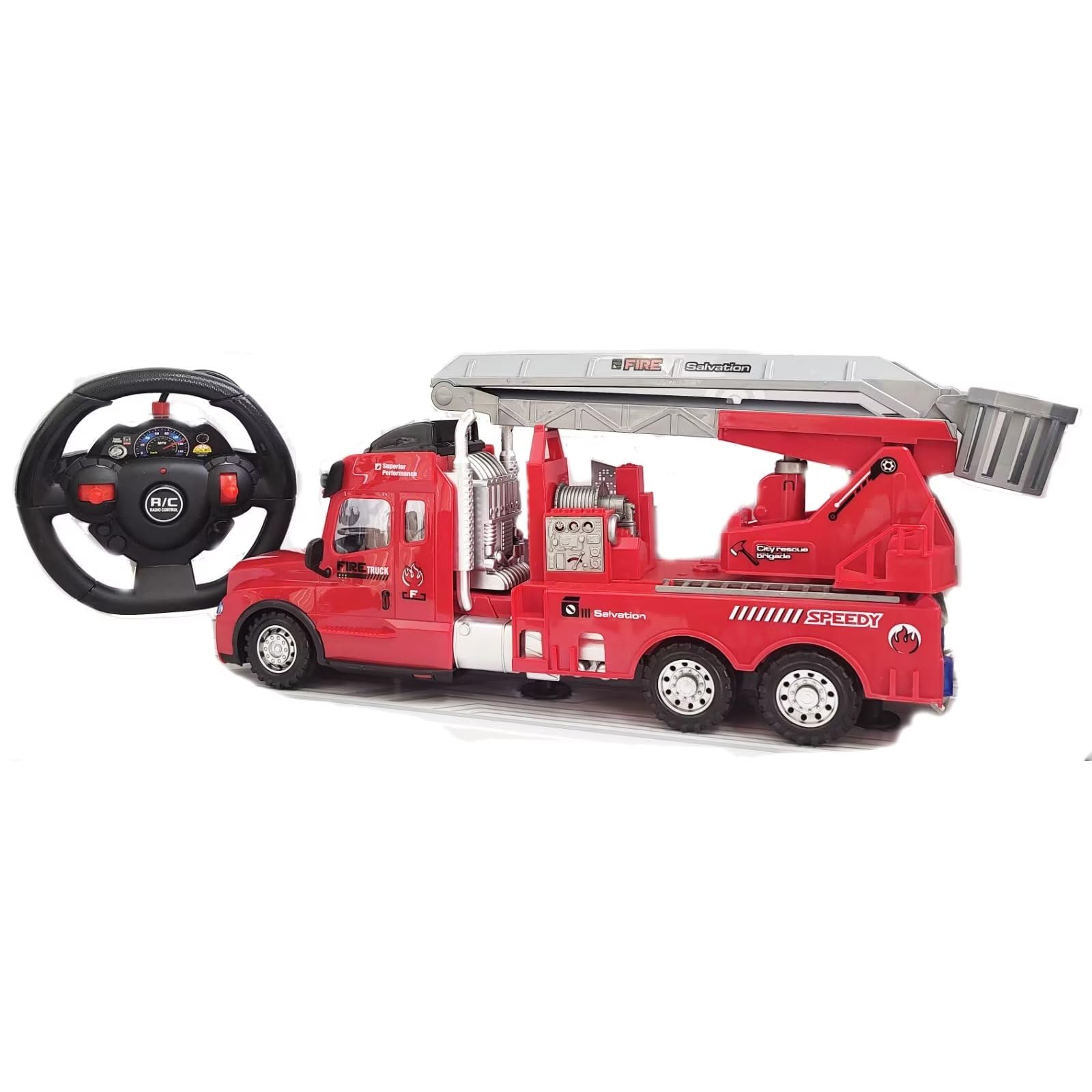 ECCRIS RC Fire Engine Truck Remote Control 14 Inch Rescue Fire Truck with Ladder and Lights and Sirens Best Gift Toy for Boys Girls