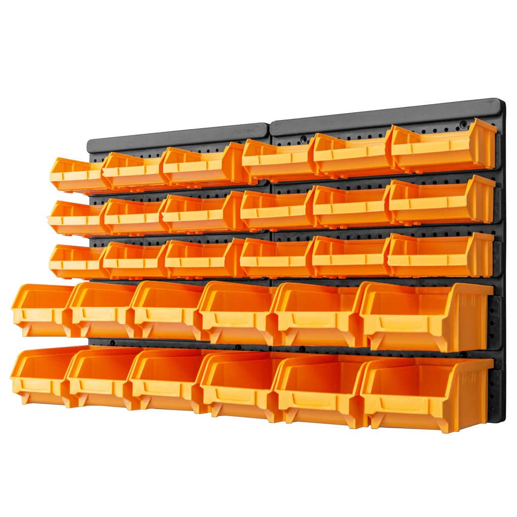 Juego de 32 cajas de almacenamiento de color amarillo y negro, 100% polipropileno, 30 recipientes de almacenamiento con 2 soportes de pared para taller, garaje, tornillos, tacos