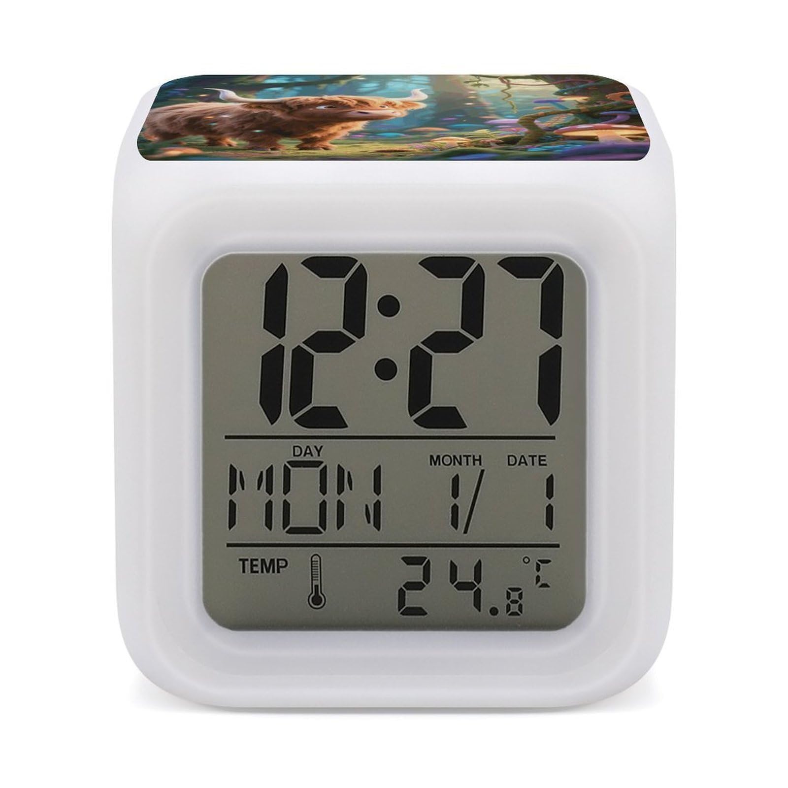 VstaDank Cute Highland Cow Alarm Clock with Date Temperature Large LED Display Number Clocks with 7 Colors Changing Desk Clock Battery Operated Digital Clocks with Date for Heavy Sleepers