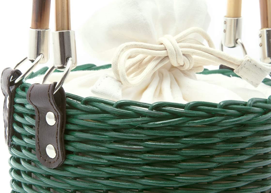 限定！[SOUBIEN] (ソウビエン) カゴバッグ moika 緑×白 シンプル 麻 藤 チャーム付(ファー) 浴衣向け 藤籠巾着