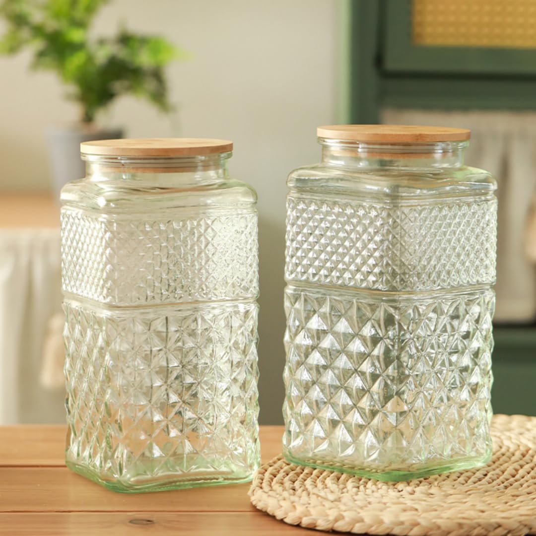 ANSQU 0.87 Gallon /111.5oz Glass Jar with Bamboo Lid, Large Cookie Jar, Glass Food Storage Container, Large Kitchen Canisters for Flour, Cereal, Coffee, Pasta and Canning, Square Mason Jars