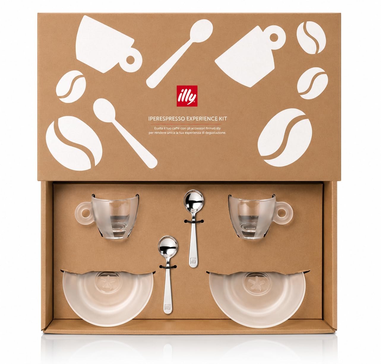 illy Iperespresso Experience Set mit 2 Tassen aus Glas mit Untertassen und 2 Löffeln | Design Matteo Thun, Löffel aus Stahl, transparent, kristallklar, verbessert die Creme, Set mit 2 Personen
