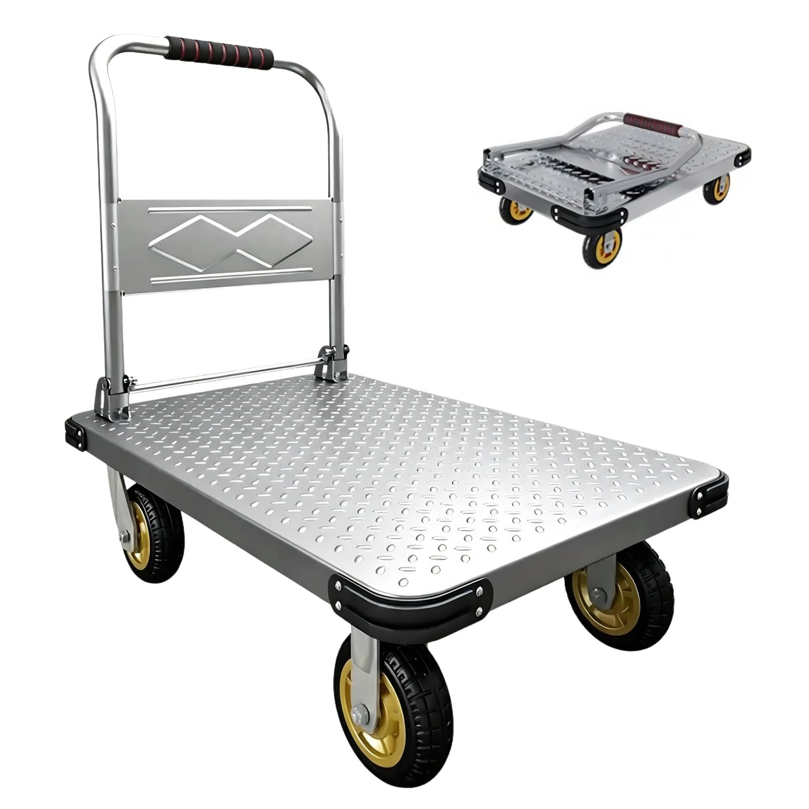 Składany Wózek Z Platformą 500kg, 90x60 cm Wytrzymały Wózek Ręczny Z 12 cm Gładkimi Kółkami I Linkami Bungee, Wózek Z Platformą Do Przenoszenia W Garażu, Magazynie, Kompaktowy Schowek, Srebrny