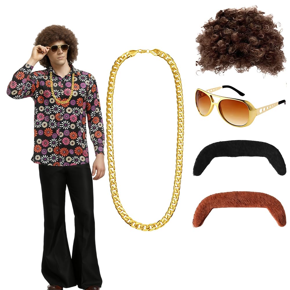 Conjunto de Disfraces de Hippies Set 5 Piezas, Accesorios Retro Estilo Años 60 y 70, Disfraz Hippie Hombree con Peluca, Gafas, Barba, Collar, Collar, para Fiesta de Carnaval Halloween
