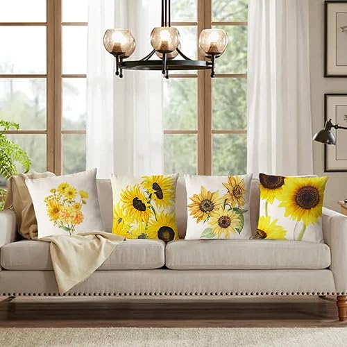 Miniatura 3 de Juego de 4 fundas de almohada decorativas con diseño de flores de girasol, 18 x 18 pulgadas, fundas de almohada cuadradas de lino, fundas de