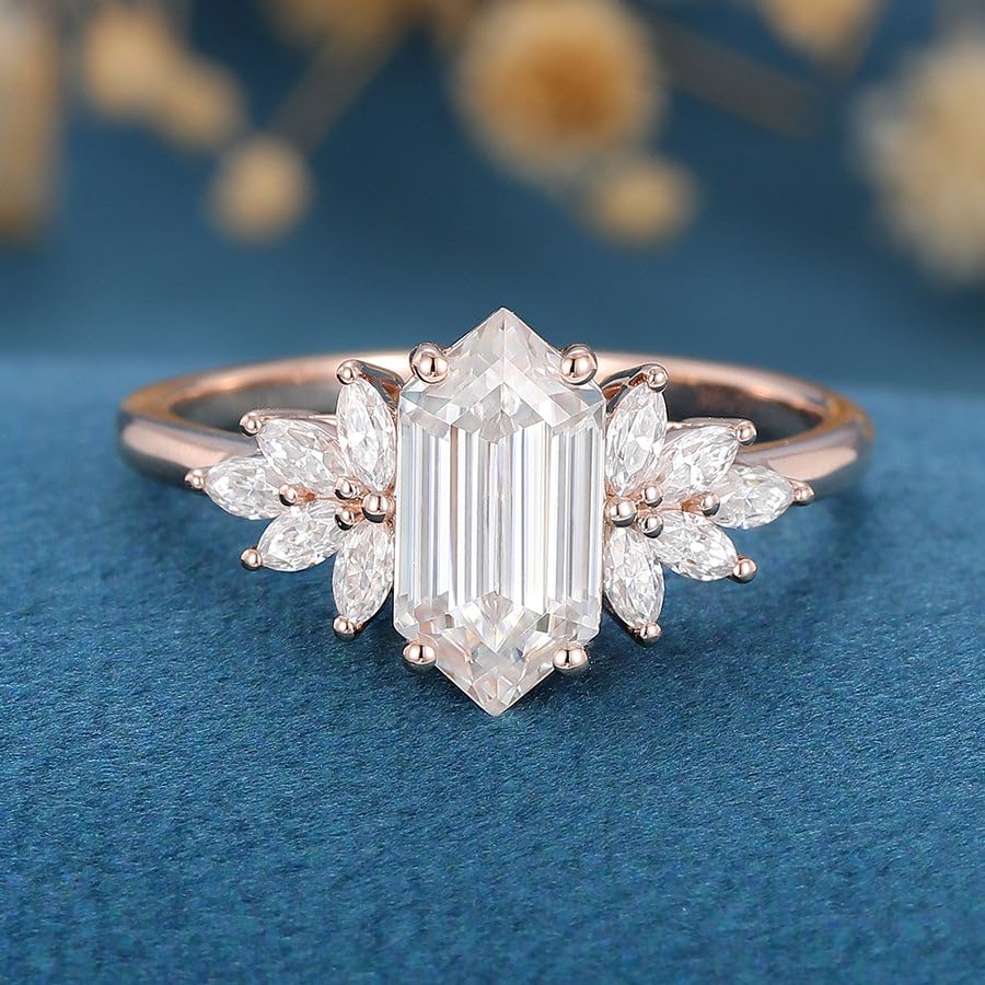 Elongated Hexagon Cut Moissanite Engagement Ring in Rose Gold Dainty Art Deco Bridal Promise Ring Vintage Wedding Ring Diamond Cluster Ring3