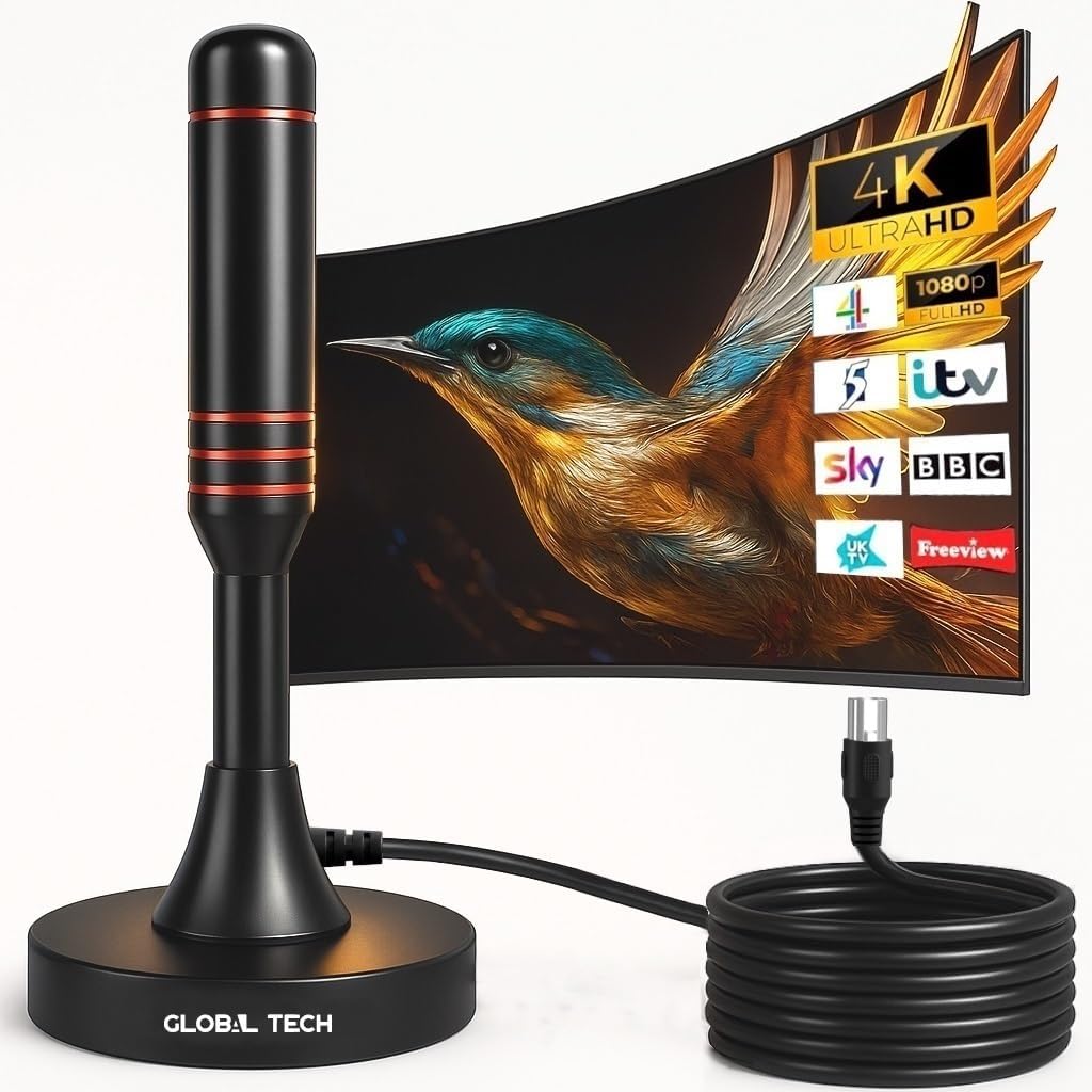 GLOBAL TECH Indoor TV Aerial - High Gain Portable Digital TV Aerial Freeview HD TV Antenna with Magnetic Base & 9.8ft Coax Cable for All TVs