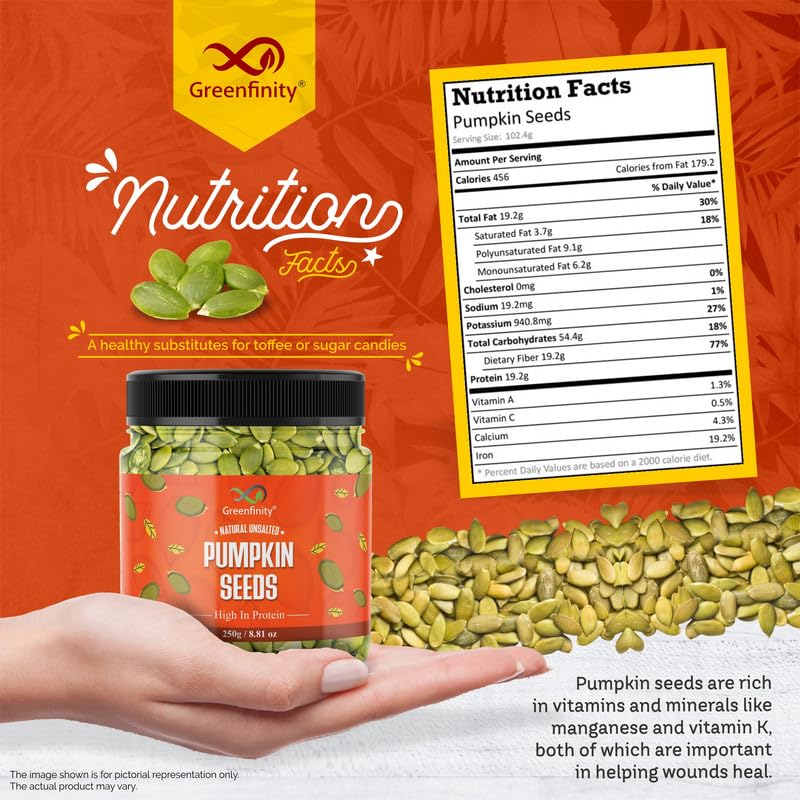 Image of GreenFinity Raw Pumpkin Seeds | Rich in Fiber, Protein and Antioxidants | Healthy Diet Snack Superfood Ideal for Immunity Booster, Cooking, Salads, Baking, Smoothies and Everyday Munching (250g)