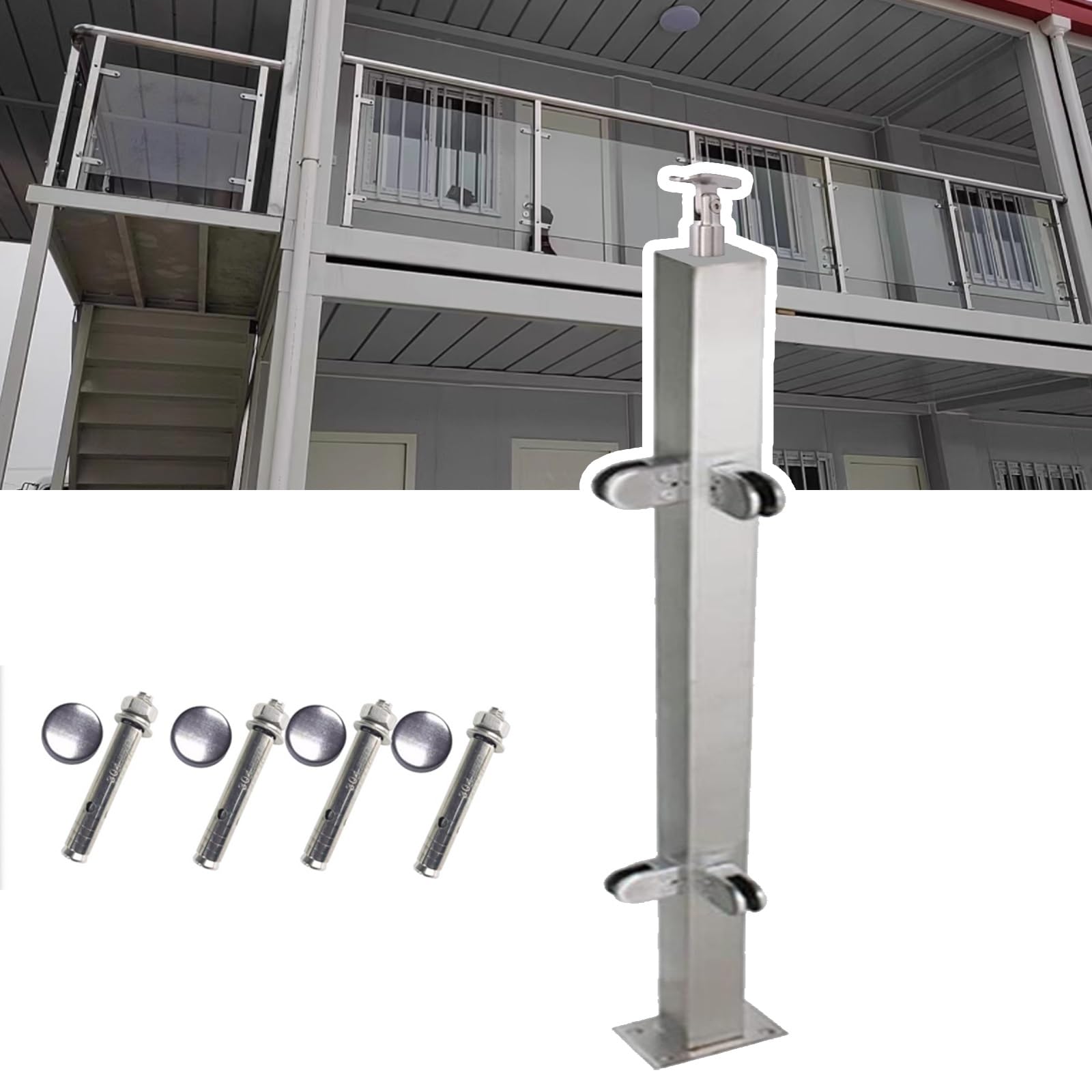 Poteau garde-corps inox et verre pour balustrade carrée durable