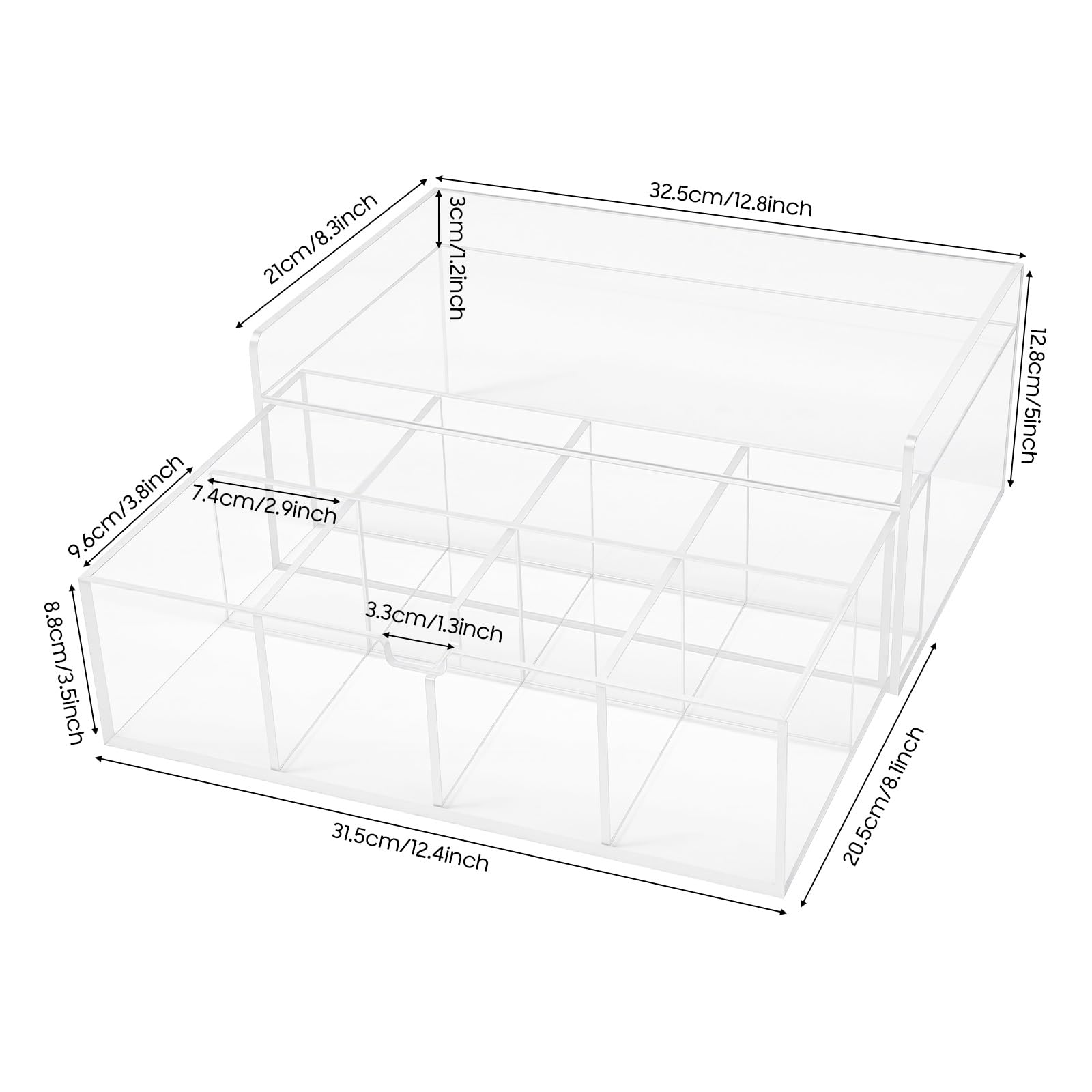 Organizer per bustine di tè, 8 scomparti, in acrilico, 32,5 x 20,5 x 12,8