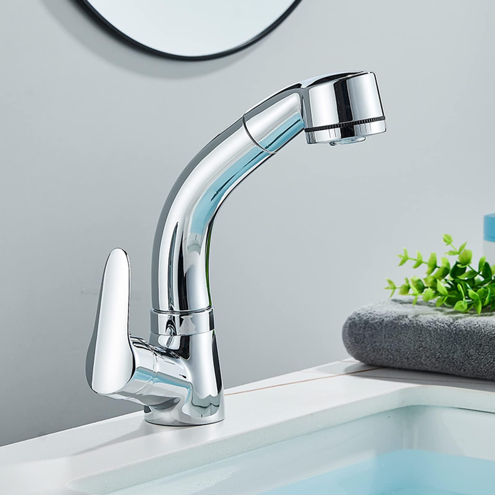 Extendable Lift Basin Faucet with Flexible Pull Out Sprayer Deck Mounted Bathroom Sink Mixer Taps Dual Modes Nozzle for Farmhouse, RV, Bar Sinks,Black(Chrome)