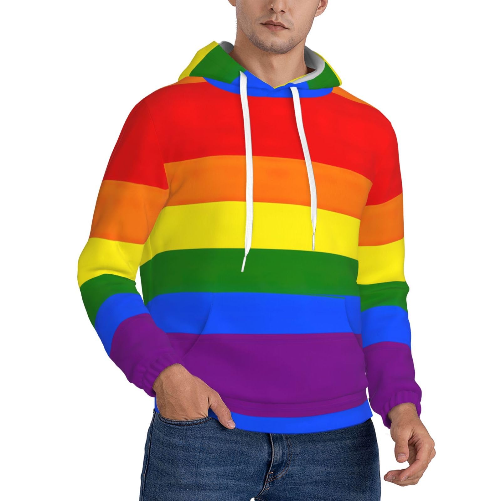 EdWal Rainbow Print Men'S Hoodie,Comfortable Pullover Sweatshirt For Men,Drawstring Casual Hooded Sweatshirts