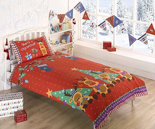 Rudolph Reindeer Christmas Kids Presents Stars Quilt Duvet Cover And Pillowcase