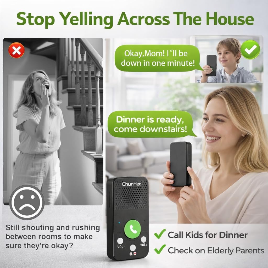 Wireless Intercom System for Home, Full Duplex Call & Answer Intercoms, No WiFi Needed, 500 ft Range, One-Touch Calling for Seniors & Family, Rechargeable 1000mAh Battery (2 Pack)