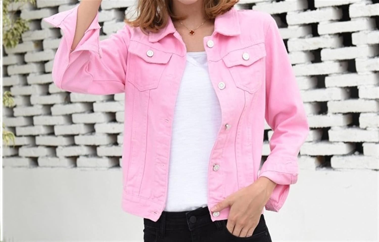 pink stretch denim jacket