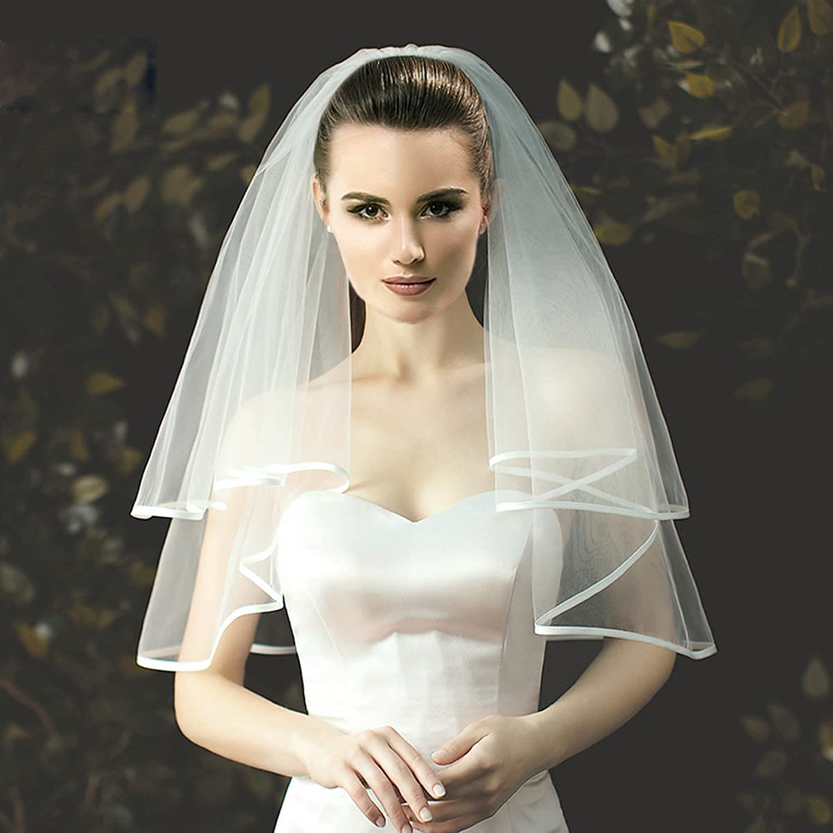 HMTE Velo de Novia Boda Simple Tul Blanco Dos Capas Velo de Novia Cinta Borde Accesorios de Novia 75 cm Velo Corto para Mujer con Peine (Borde de lápiz Blanco 75 cm)