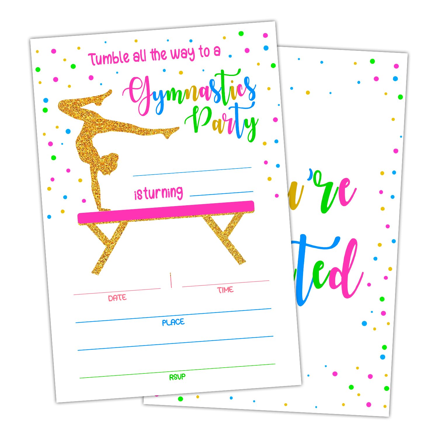 ltazhyi Gymnastics Birthday Party Invite Card for Kid, Gold Foil Birthday Invitation for Girls, Set of 20 Cards and 20 Envelopes, Jump Tumble & Play