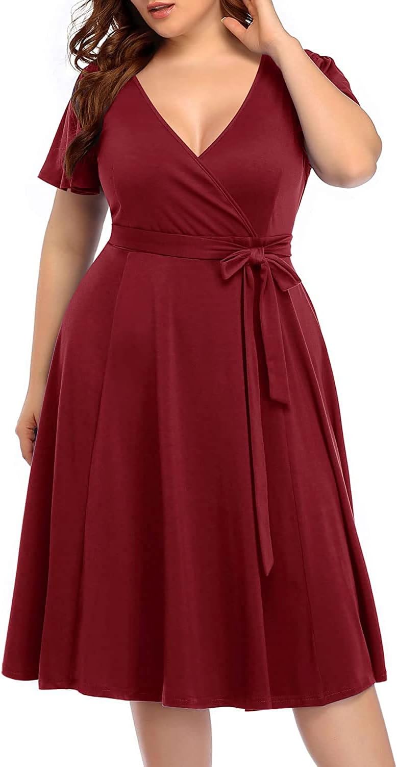 Pinup Fashion Women Plus Size Dresses Wedding Guest - Semi Formal Cocktail Wrap Empire Waist Midi Dress - Image 3