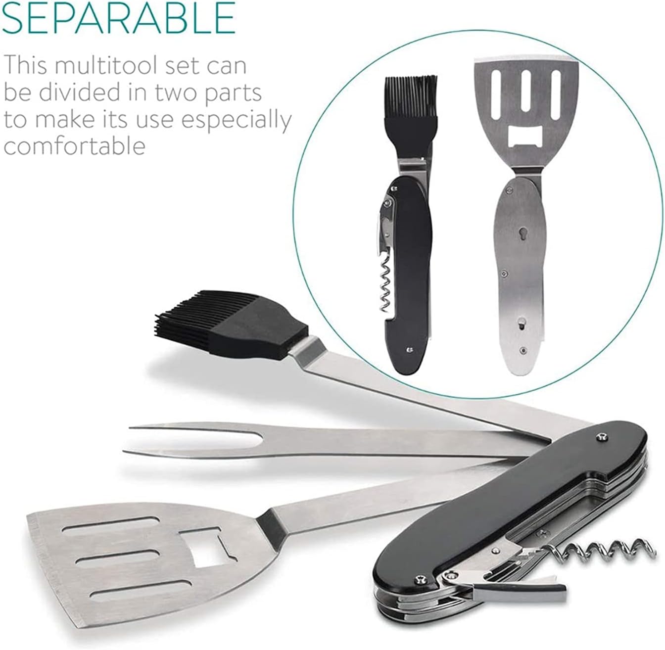 5-in-1 BBQ Folding Grill Spatula BBQ Tool Set Outdoor Portable Home Garden Barbecue Multitool Fork Brush Corkscrew Bottle Opener Tool Set (Color : Black)