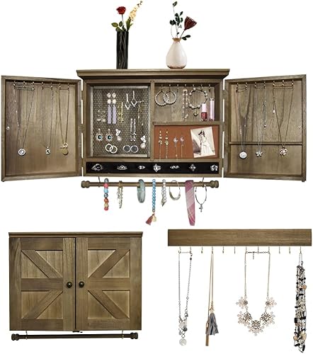 Miniatura 1 de Organizador de joyas rústico montado en la pared con decoración de madera de granero, soporte de pared de madera, soporte de joyería para collares,