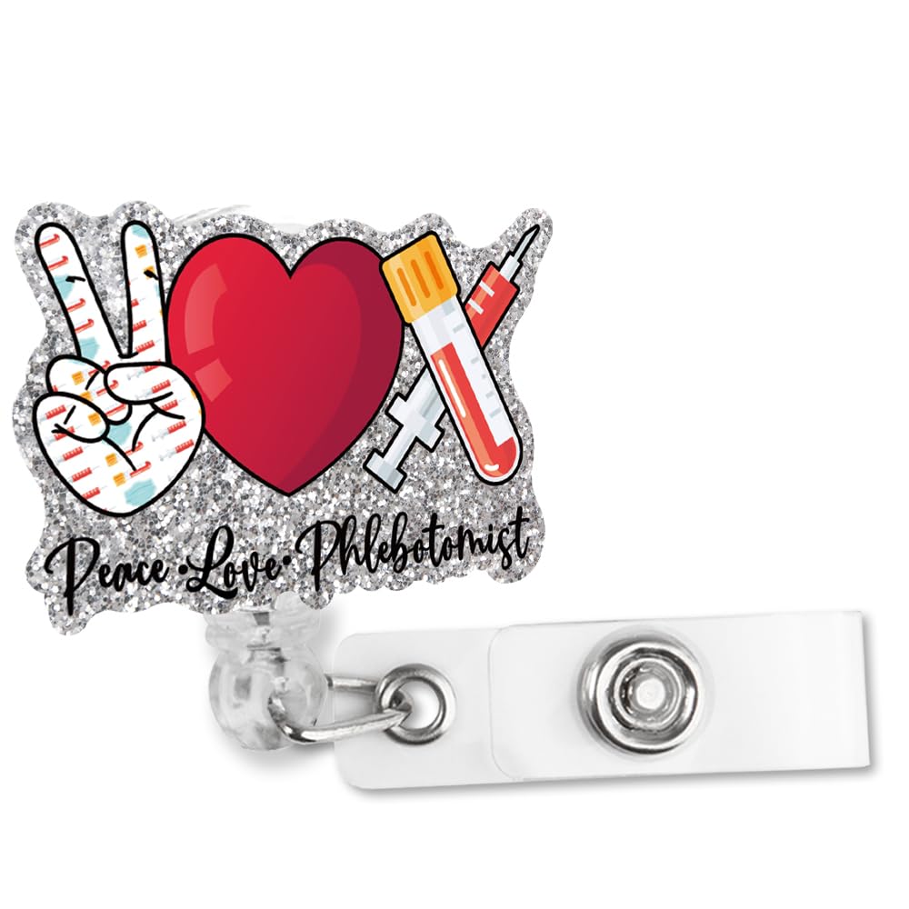 Sixrip Peace Love Phlebotomist Retractable Glitter Irregular Badge Reel with Alligator Clip, Funny Badge Holder Gift for Phlebotomist Technician Phlebotomy Lab Tech Blood Work Doctor Nurse Assistant