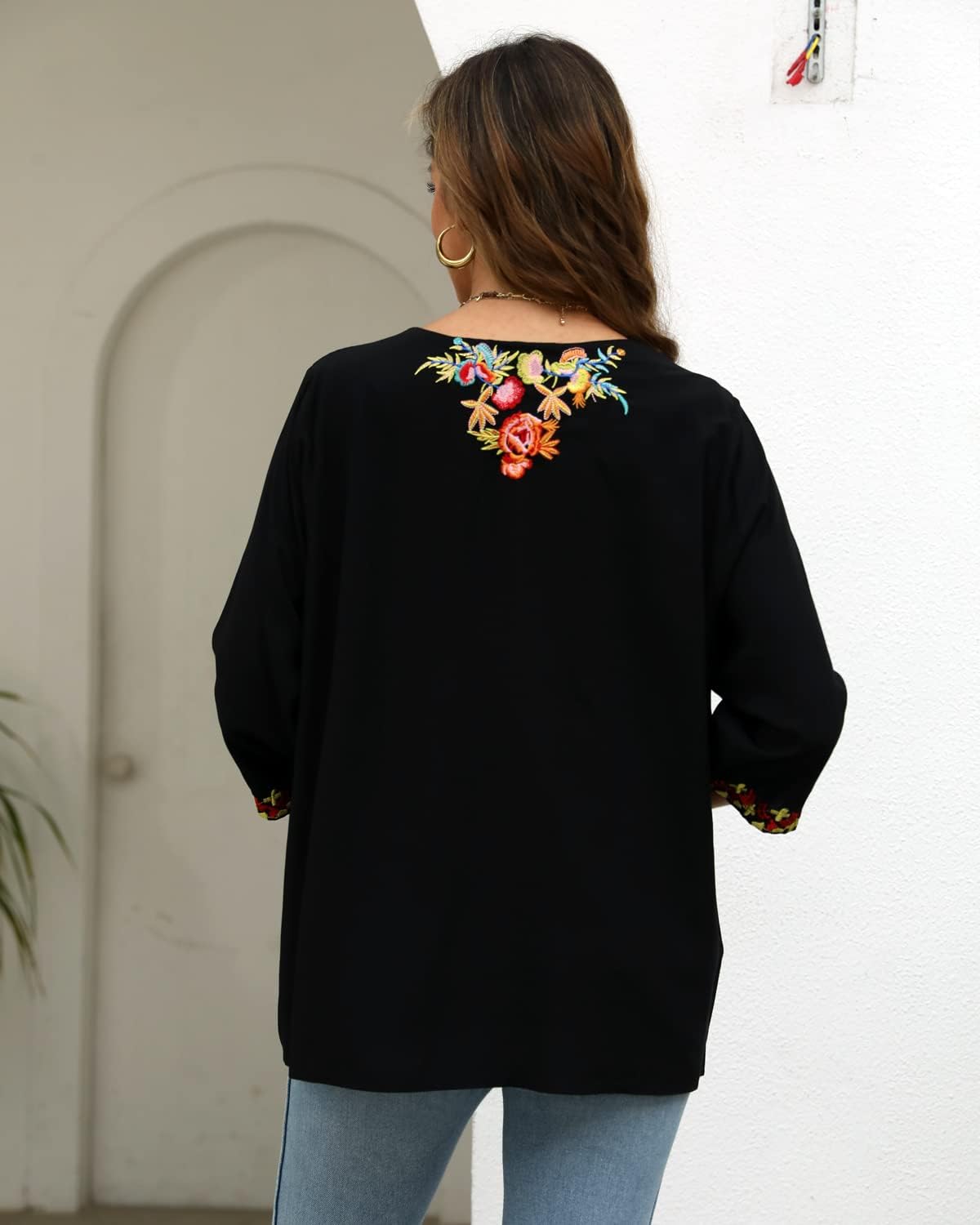 AK Women's Boho Embroidered Tops 3/4 Sleeve Mexican Peasant Shirts Bohemian Loose Tunic Blouses - Image 4