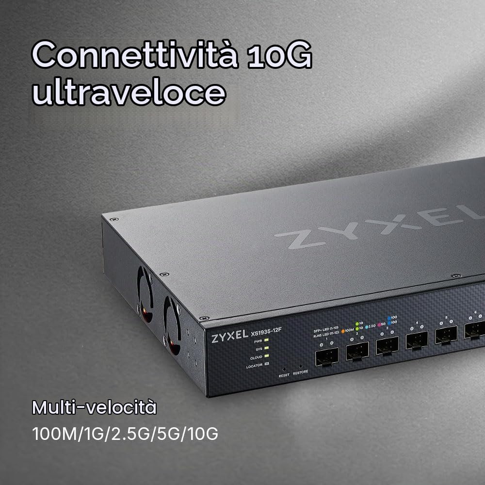 ZYXEL Switch Ethernet 12 Porte | Lite-L3 | 10G | Fiber | XS1935-12F | 2x Porte 10G RJ-45 + 10x 10G SFP+, Smart Managed, QoS, VLAN, Kit di Montaggio su Rack Incluso
