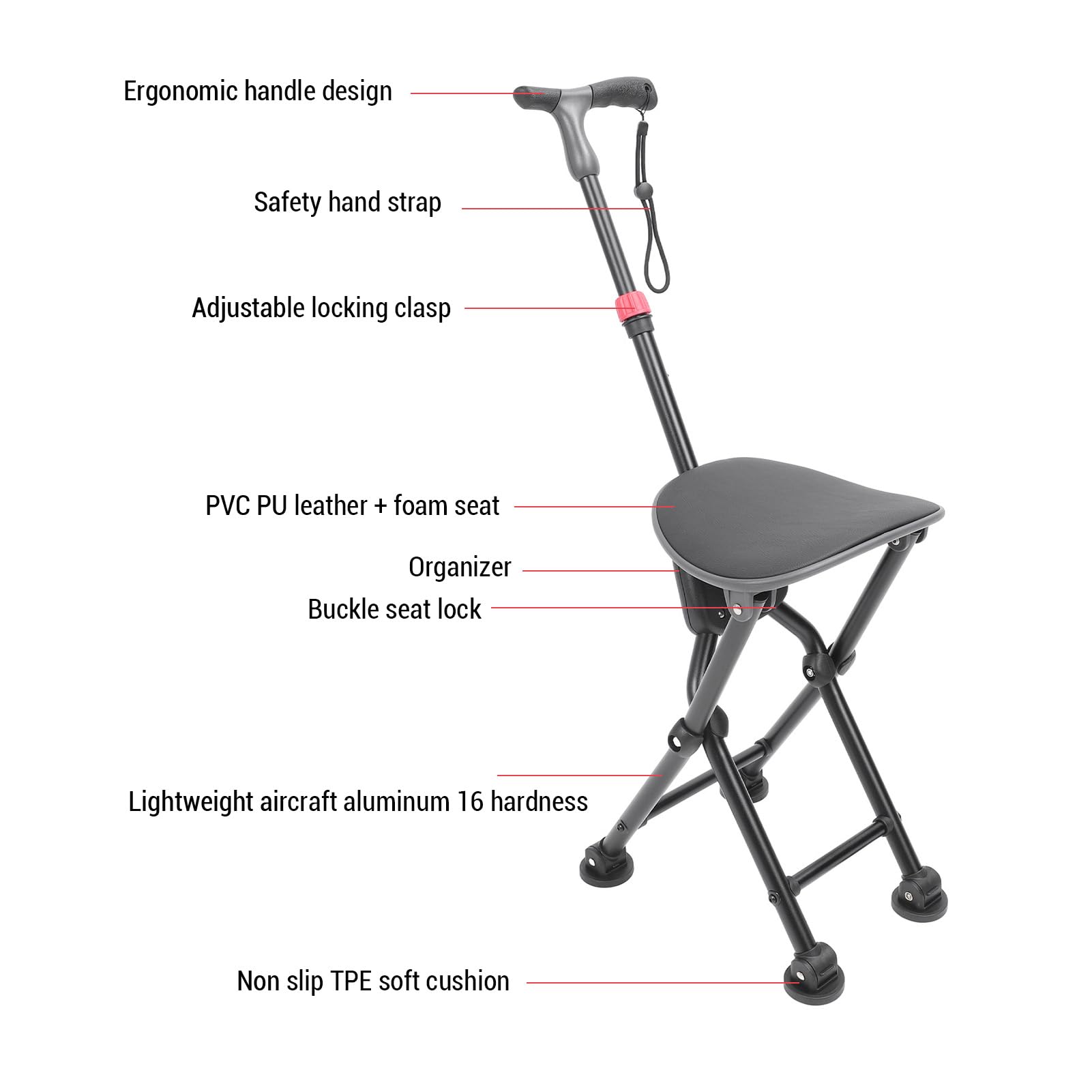 Cannes Pliantes avec Siège, Chaise Canne Légère Antidérapante à 4 Pieds pour Adultes et Personnes âgées, Marche Pliable pour la Randonnée Camping, Soutien à la mobilité