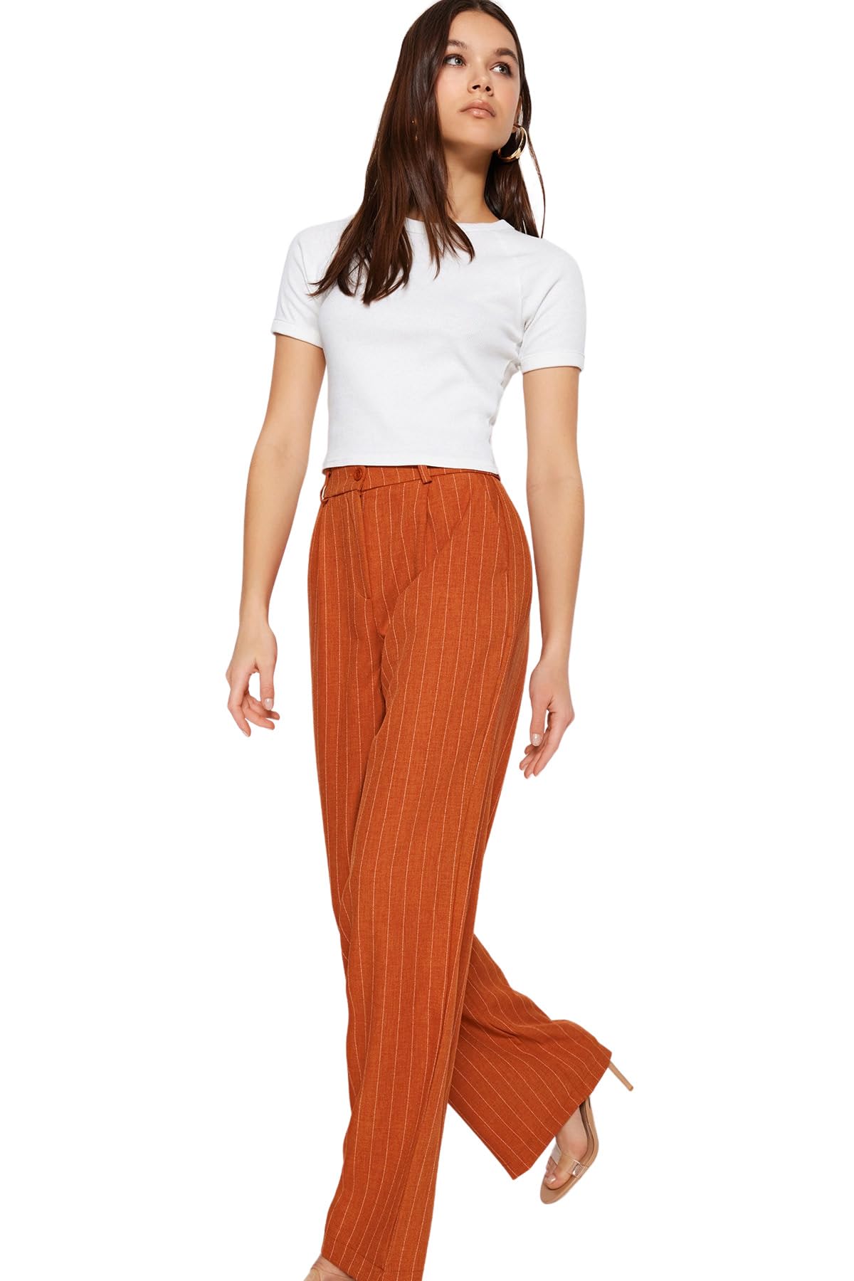 Trendyol Women's Brown Woman High Waist Wide Leg Wide Leg Trousers,,38